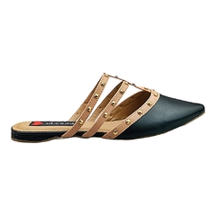 Mule Bico Fino Spike Detalhes Tiras Nude com Preto