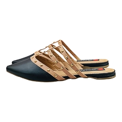 Mule Bico Fino Spike Detalhes Tiras Nude com Preto - Love Shoes Calçados Femininos