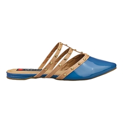 Mule Bico Fino Spike Detalhes Tiras Nude com Azul