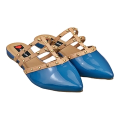Mule Bico Fino Spike Detalhes Tiras Nude com Azul na internet