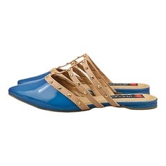 Mule Bico Fino Spike Detalhes Tiras Nude com Azul - Love Shoes Calçados Femininos