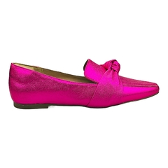 Mocassim Bico Quadrado Confort Metalizado Craquelado Nó Pink