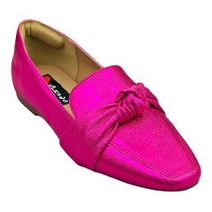 Mocassim Bico Quadrado Confort Metalizado Craquelado Nó Pink - comprar online