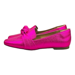 Mocassim Bico Quadrado Confort Metalizado Craquelado Nó Pink - Love Shoes Calçados Femininos
