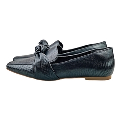 Mocassim Bico Quadrado Confort Metalizado Textura Preto - Love Shoes Calçados Femininos