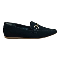 Mocassim Bico Quadrado Fivela ABS Flocado Preto