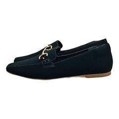 Mocassim Bico Quadrado Fivela ABS Flocado Preto - Love Shoes Calçados Femininos