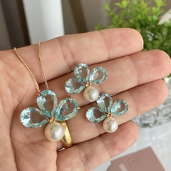 Cj 0049-1: Conjunto aqua marinha com pérola. Semijóia.