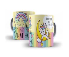 Caneca Branca de Cerâmica Unicórnio Indelicado Bom dia é o Caralho Mod 01