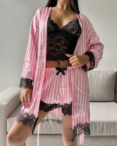 PIJAMA 3 PIEZAS RALLADO- ROSA (TALLE XL) - comprar online