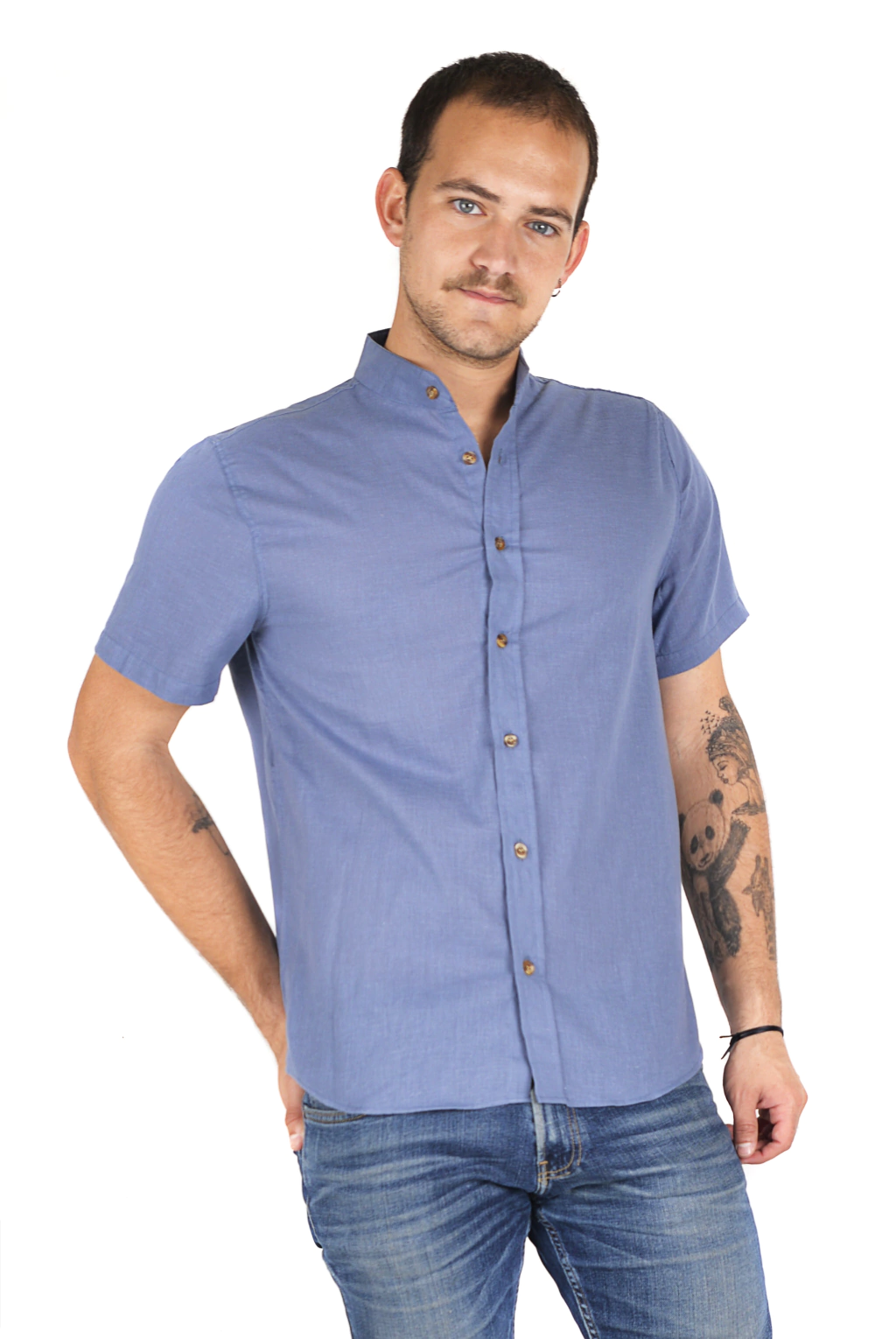 Camisa manga corta simil lino cuello Mao