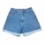 Shorts Mom de cintura alta em lavagem média com elastano, cor azul.