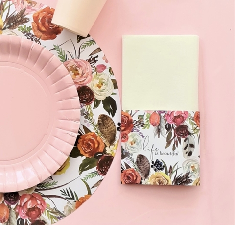 PLATO DE SITIO Life is Beautiful Floreado + Servilletero x 20 unid