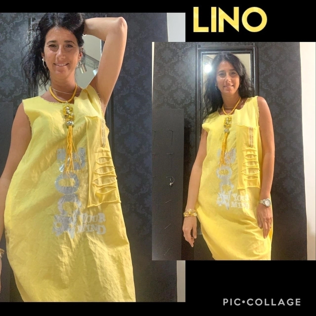 Vestido con bolsillos, frente de lino y parte de atrás de algodón con detalles de bolsillo con lúrex y letras en plata