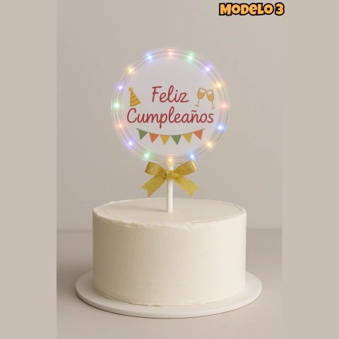 Topper para Torta Feliz Cumpleaños con Leds - PromoGlobos - Decorando Tus Momentos