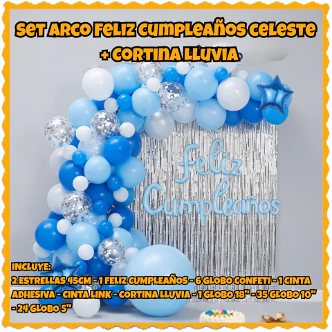 Set de Arco Feliz Cumpleaños Celeste + Cortina Lluvia