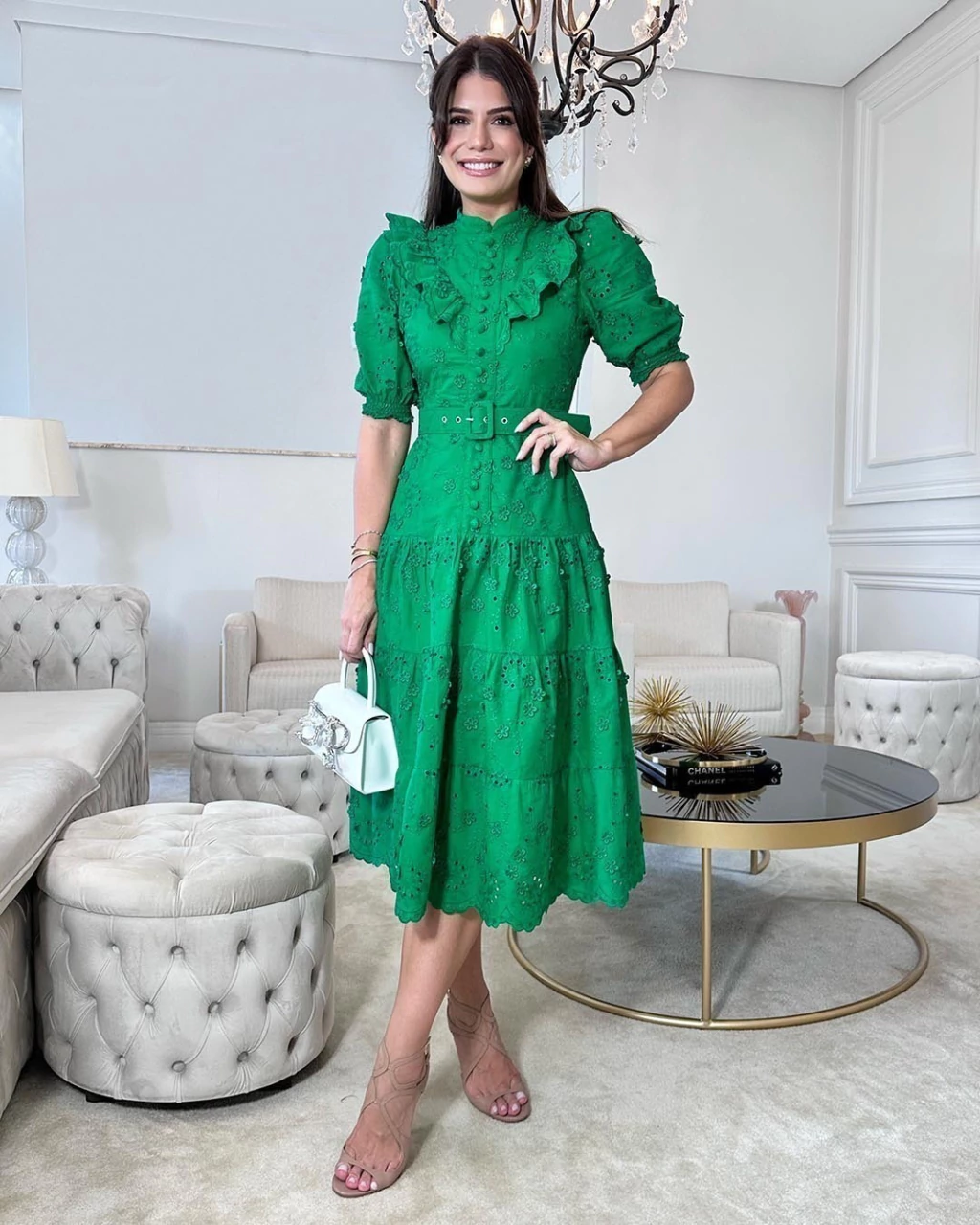 Vestido Midi Laise Bordada 3D Gola Alta Verde