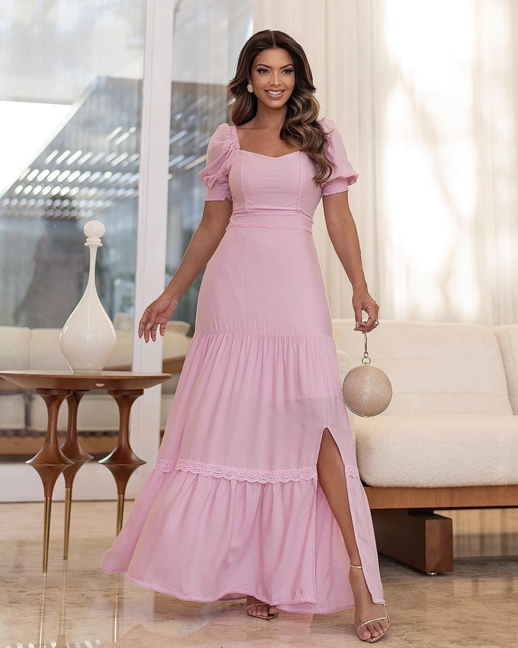 Vestido Laura Longo Festa Viscose Luxury Glow com Renda Rosa Bebê