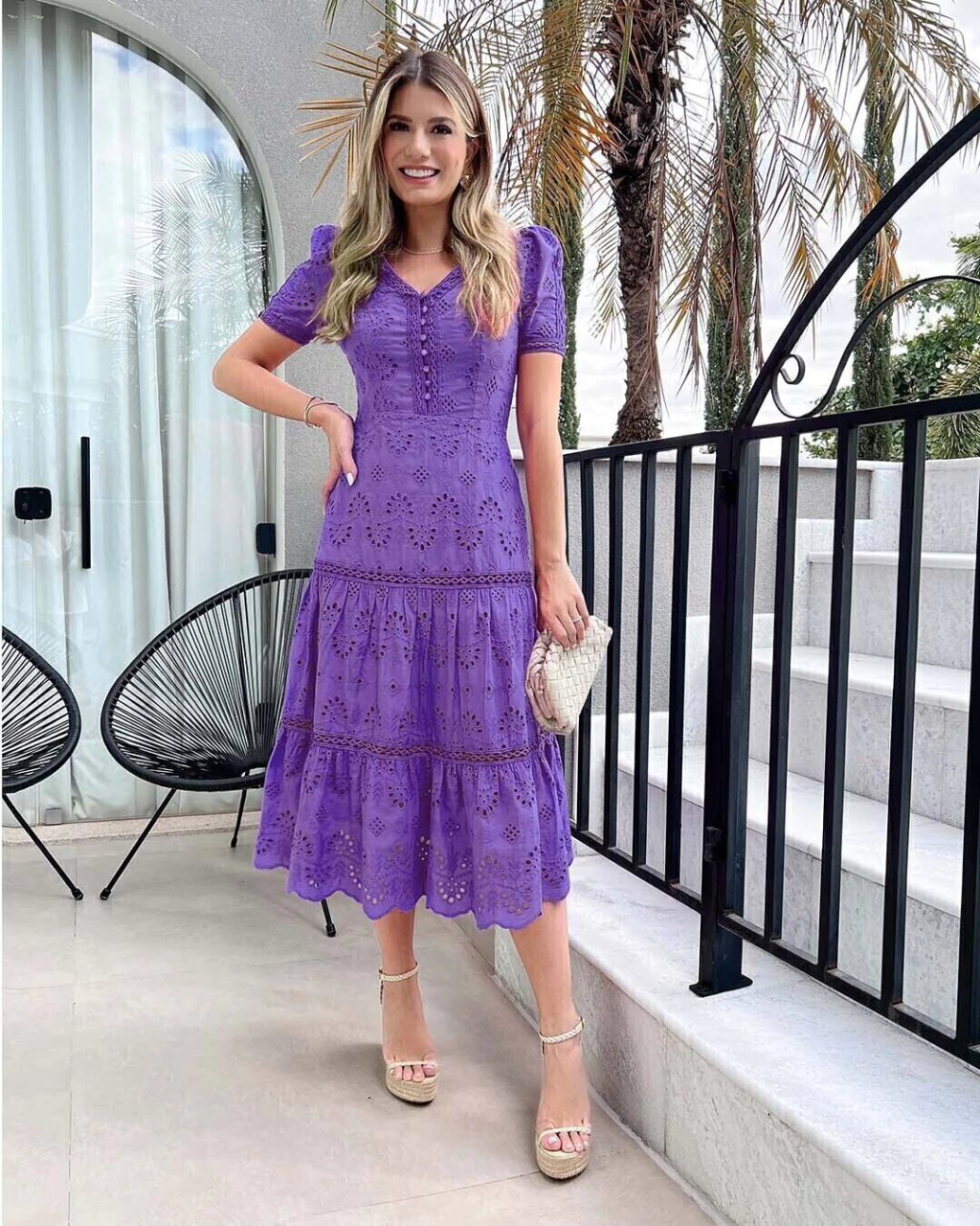 Vestido Midi Laise Decote V Botões Guipir Dáleth Azelha Roxo