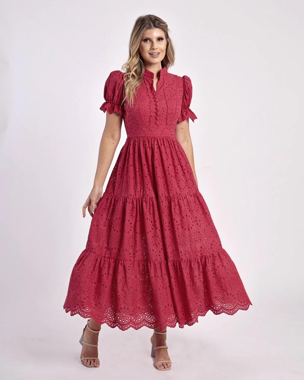 Vestido Tulum Godê de Laise Botões e Manga Bufante Vermelho