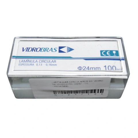 Laminulas circulares de vidro para microscopia 24mm Vidrobras C-24 de alta clareza optica caixa com 100 unidades