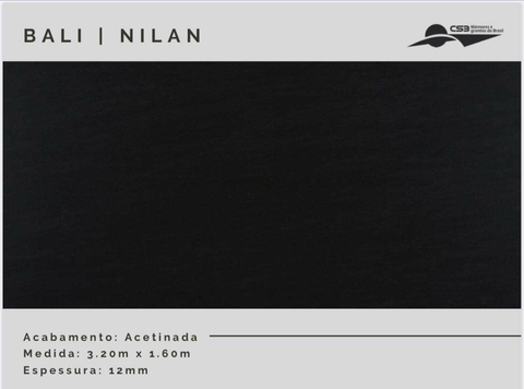 Amostra do produto Bali da Nilan, com acabamento acetinado, dimensões de 3,20m x 1,60m e espessura de 12mm.