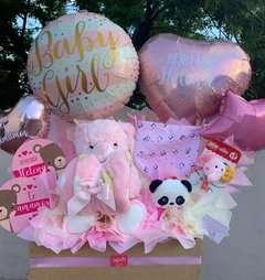 Detalle con Peluche con Manta, Globos de Aire, Sonajero, Porta Chupete, Babero.