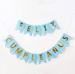 BANDERIN “FELIZ CUMPLEAÑOS” CELESTE Y DORADO - comprar online