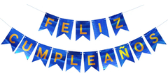 BANDERIN *FELIZ CUMPLEAÑOS* GLITTER AZUL, LETRAS STAMPING DORADO