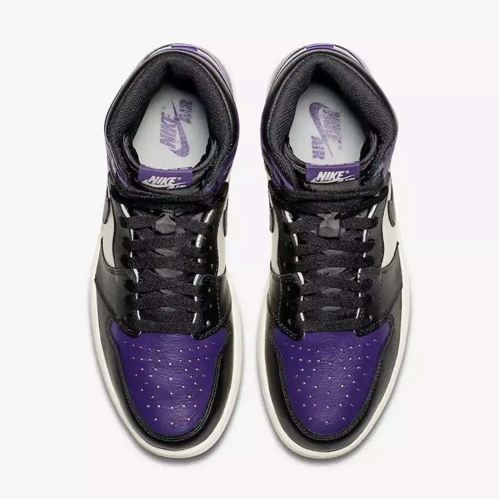 Tenis Air Jordan 1 High "Court Purple" nas cores preto e roxo, com detalhes em branco e sola roxa disponível na Supernova Sneakers