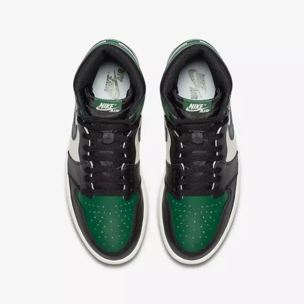 Tênis Air Jordan 1 High "Pine Green" na cor preto e verde, com detalhes em branco e preto disponível na Supernova Sneakers