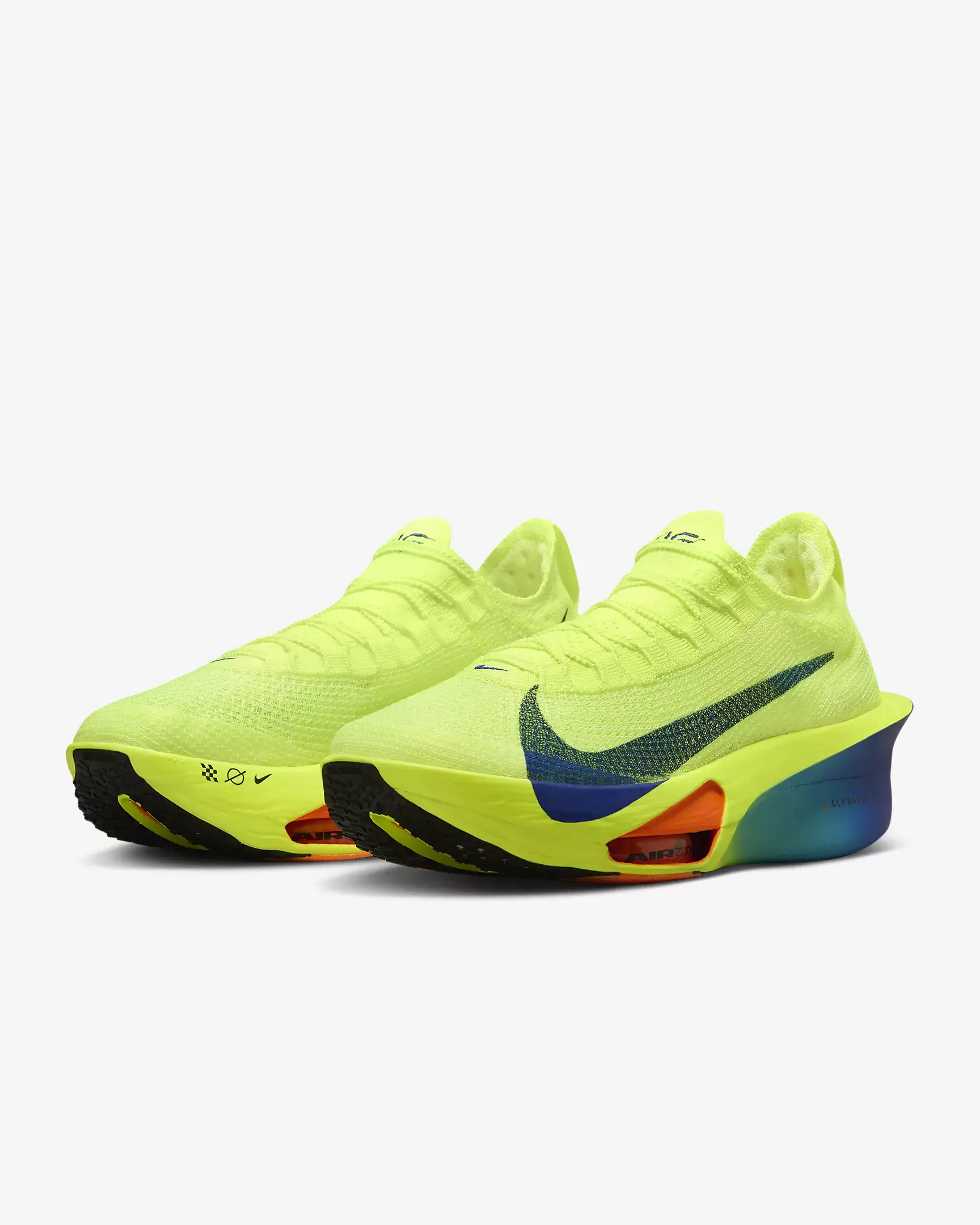 Tênis Nike Air Zoom Alphafly NEXT%3 na cor amarelo, com detalhes em azul e laranja, ideal para corridas, disponível na Supernova Sneakers.