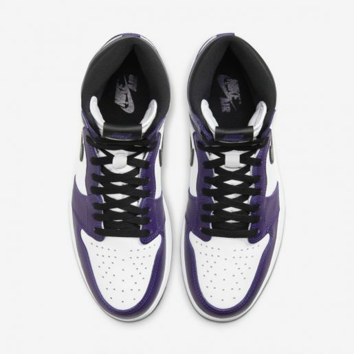 Tênis Air Jordan 1 High "Court Purple 2.0" nas cores roxo, branco e preto, exibindo design elegante e moderno disponível na Supernova Sneakers